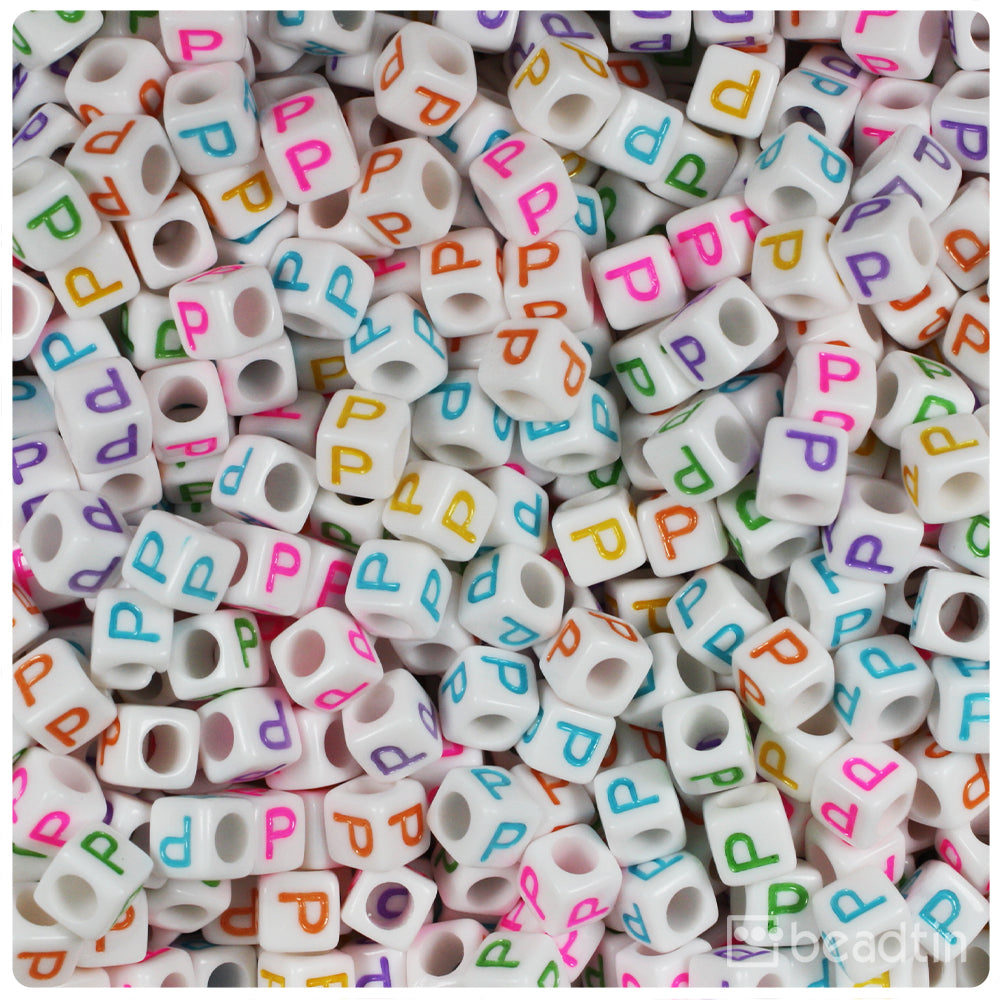 White Opaque 6mm Cube Alpha Beads - Colored Letter P (80pcs)