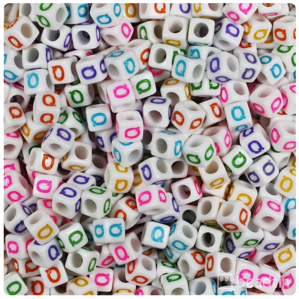 White Opaque 6mm Cube Alpha Beads - Colored Letter Q (80pcs)