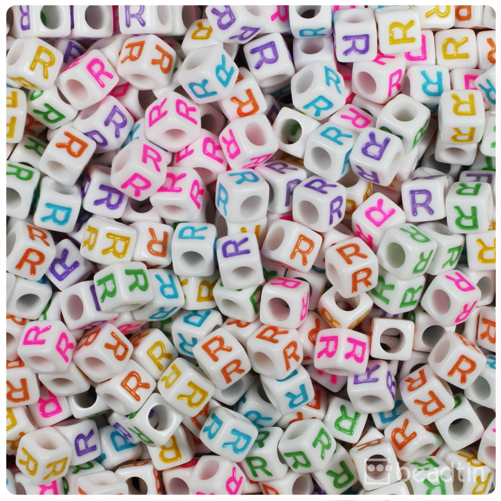 White Opaque 6mm Cube Alpha Beads - Colored Letter R (80pcs)