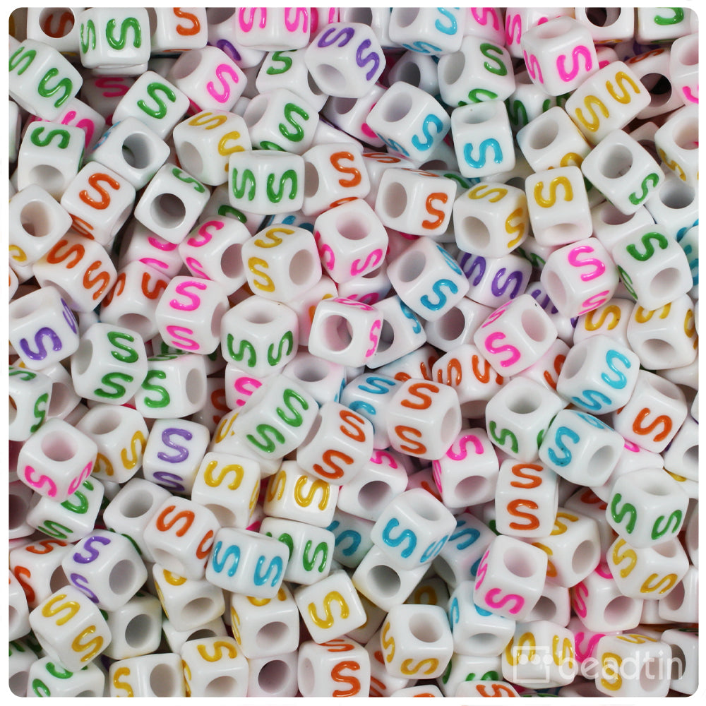 White Opaque 6mm Cube Alpha Beads - Colored Letter S (80pcs)