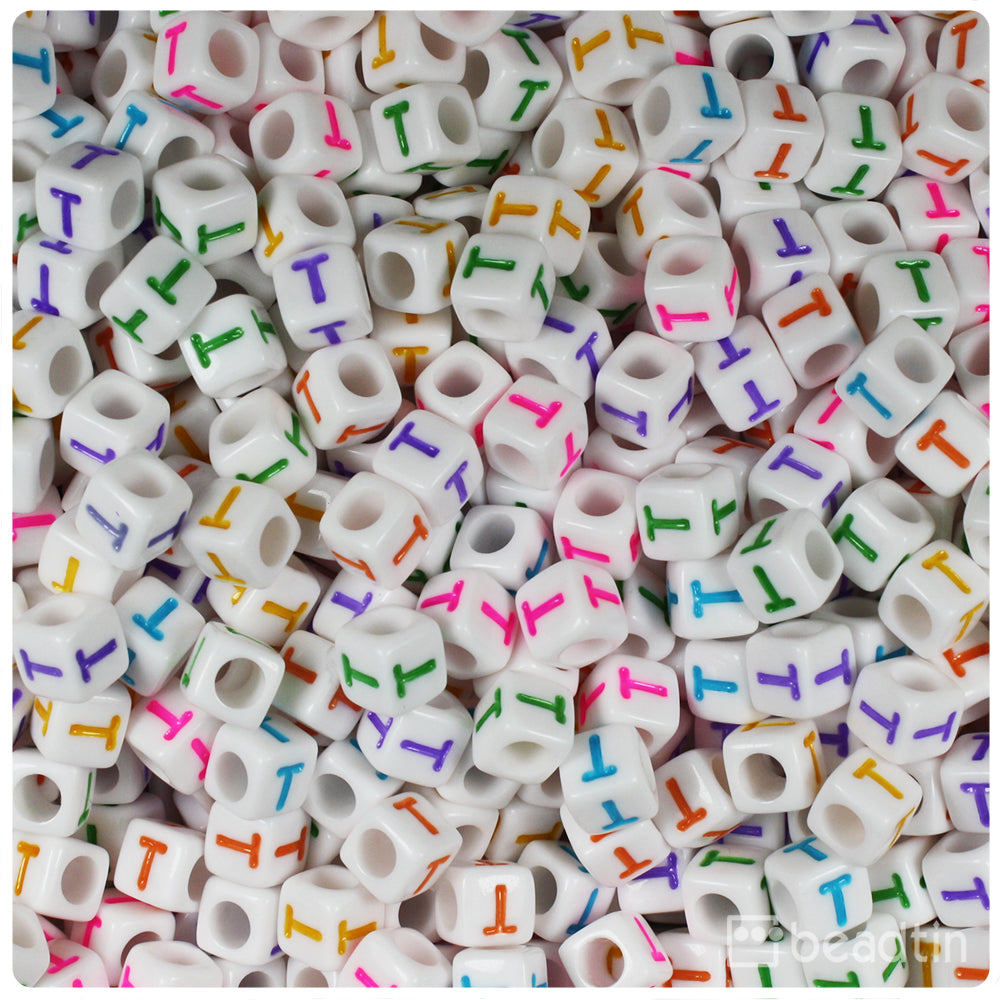 White Opaque 6mm Cube Alpha Beads - Colored Letter T (80pcs)