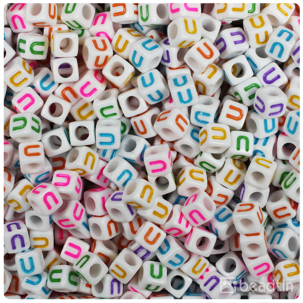 White Opaque 6mm Cube Alpha Beads - Colored Letter U (80pcs)
