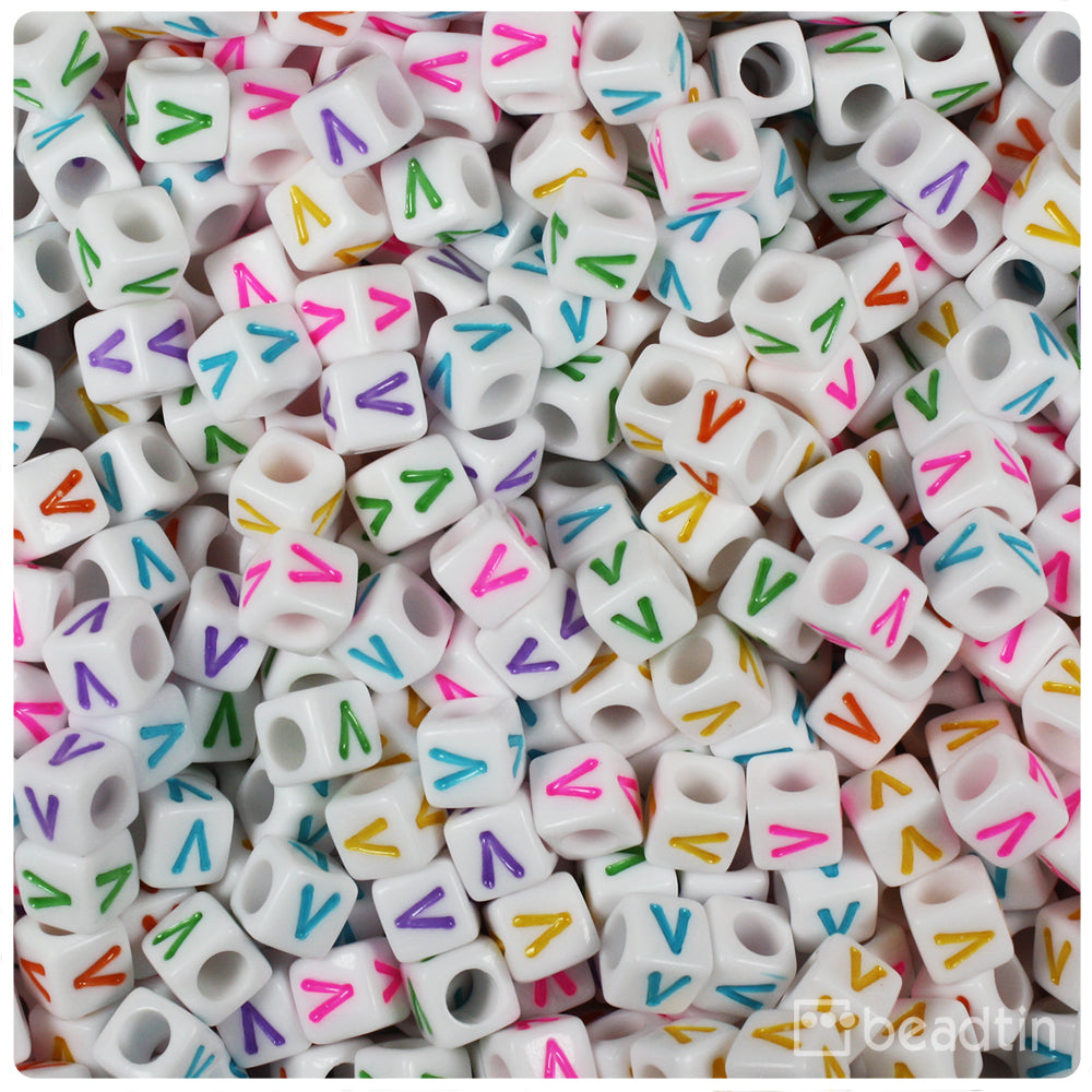 White Opaque 6mm Cube Alpha Beads - Colored Letter V (80pcs)