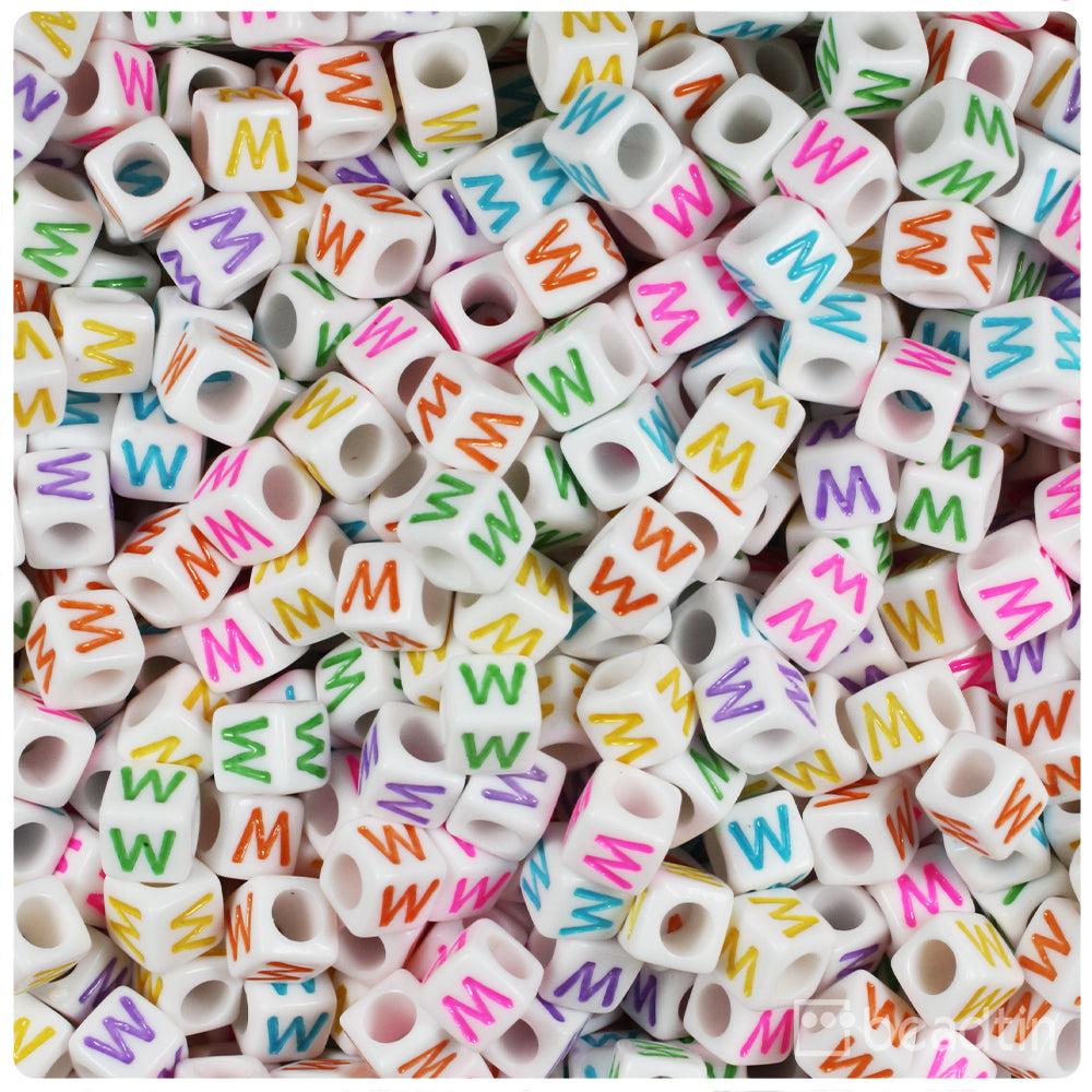 White Opaque 6mm Cube Alpha Beads - Colored Letter W (80pcs)