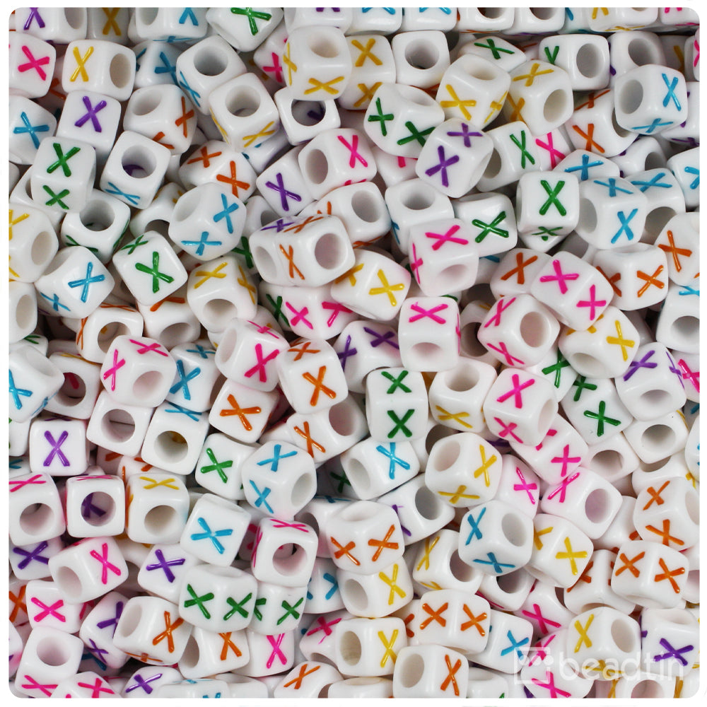 White Opaque 6mm Cube Alpha Beads - Colored Letter X (80pcs)