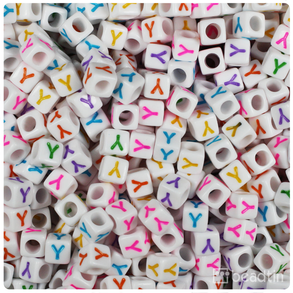 White Opaque 6mm Cube Alpha Beads - Colored Letter Y (80pcs)