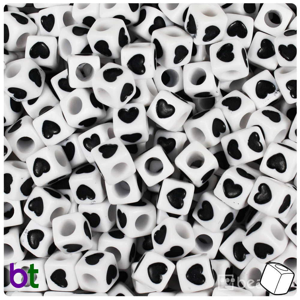 White Opaque 7mm Cube Alpha Beads - Black Hearts (150pcs)