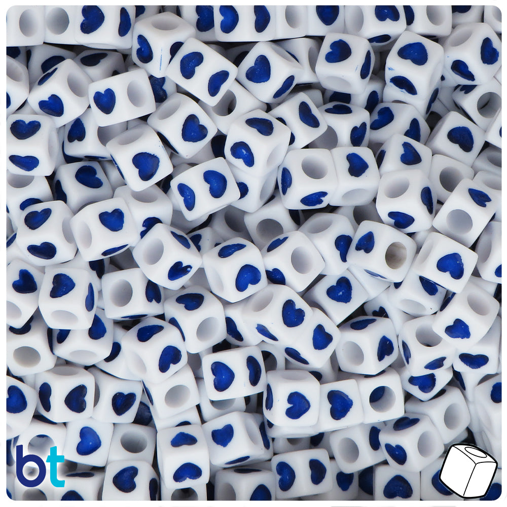 White Opaque 7mm Cube Alpha Beads - Blue Hearts (150pcs)