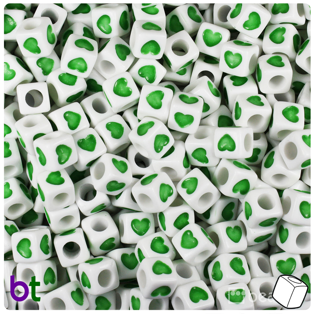 White Opaque 7mm Cube Alpha Beads - Green Hearts (150pcs)