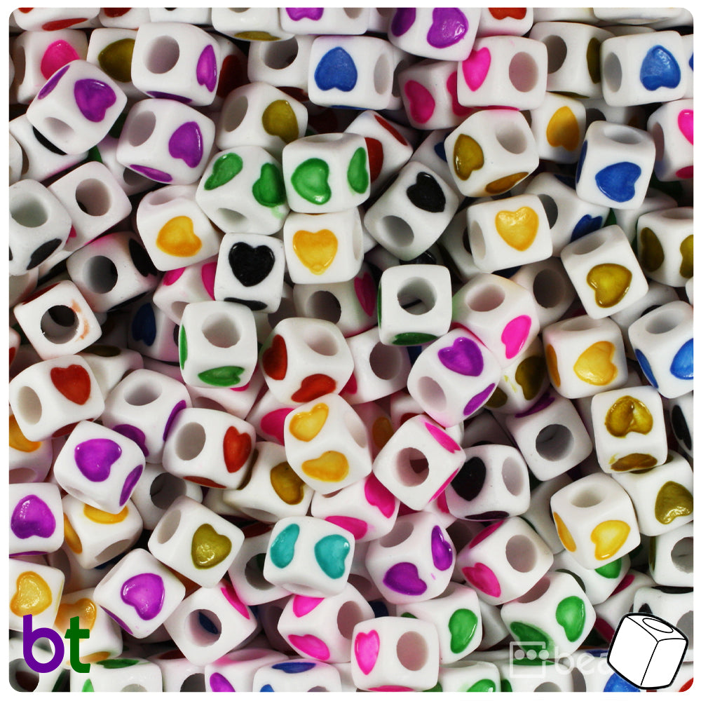White Opaque 7mm Cube Alpha Beads - Colored Hearts (150pcs)