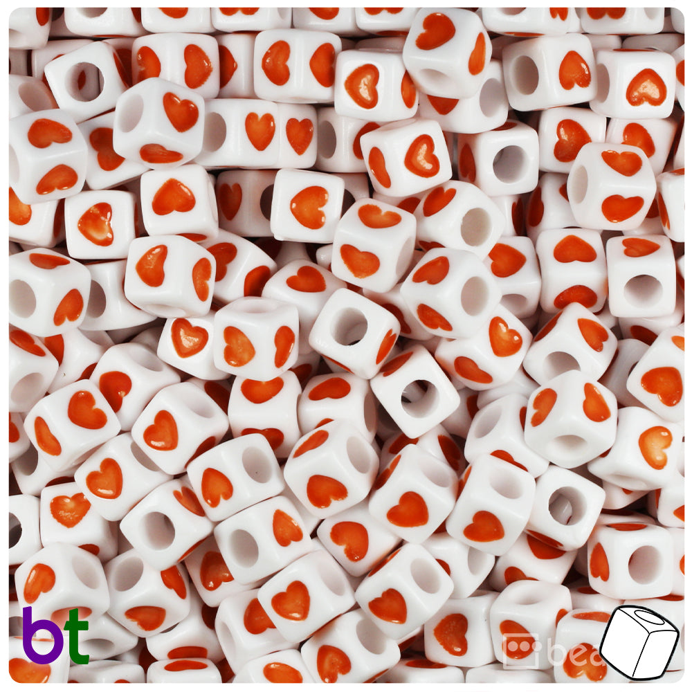White Opaque 7mm Cube Alpha Beads - Orange Hearts (150pcs)