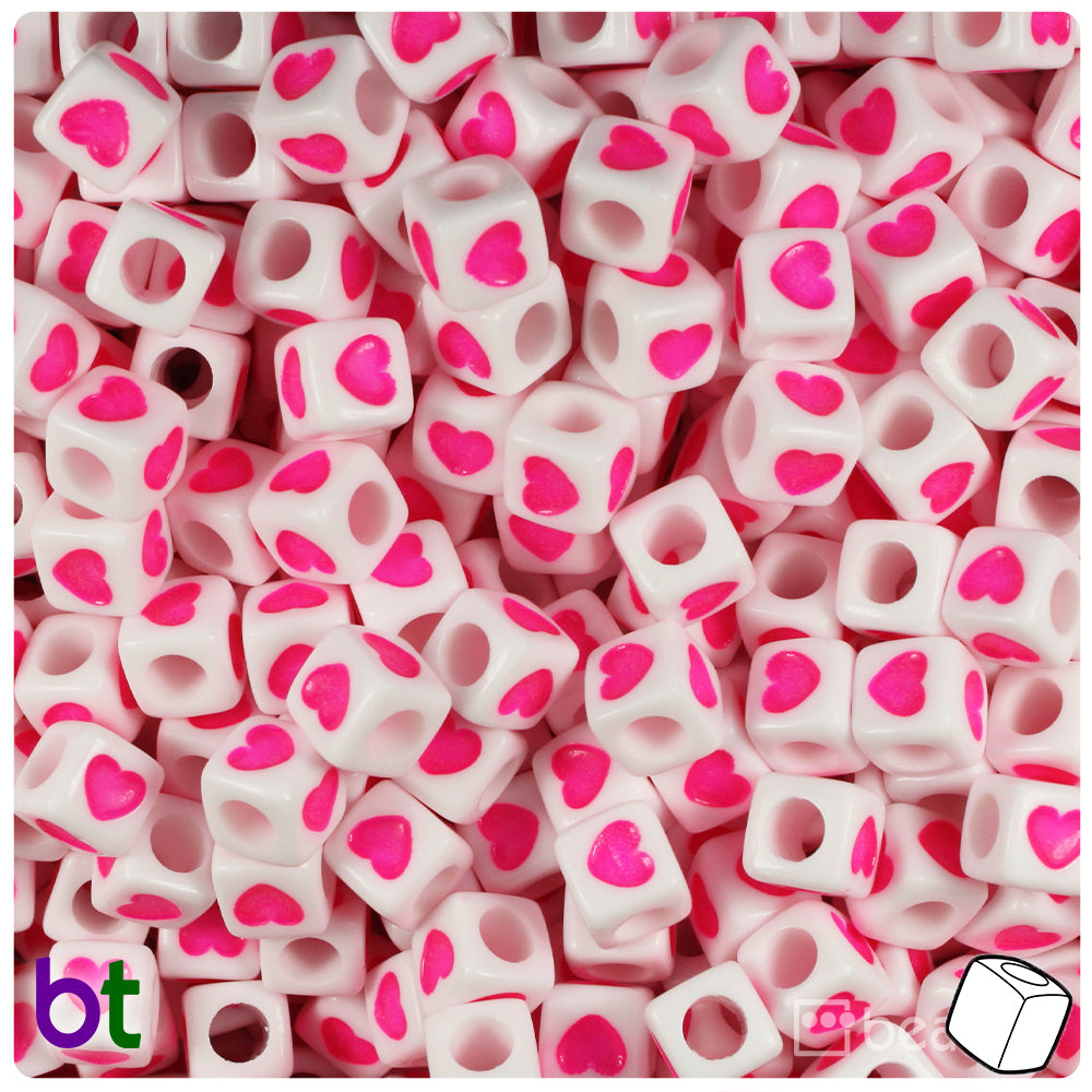 White Opaque 7mm Cube Alpha Beads - Pink Hearts (150pcs)