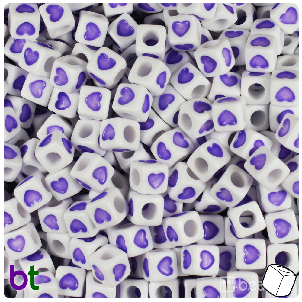 White Opaque 7mm Cube Alpha Beads - Purple Hearts (150pcs)