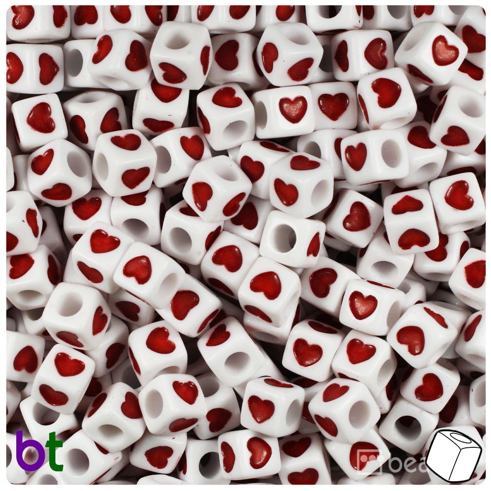 White Opaque 7mm Cube Alpha Beads - Red Hearts (150pcs)