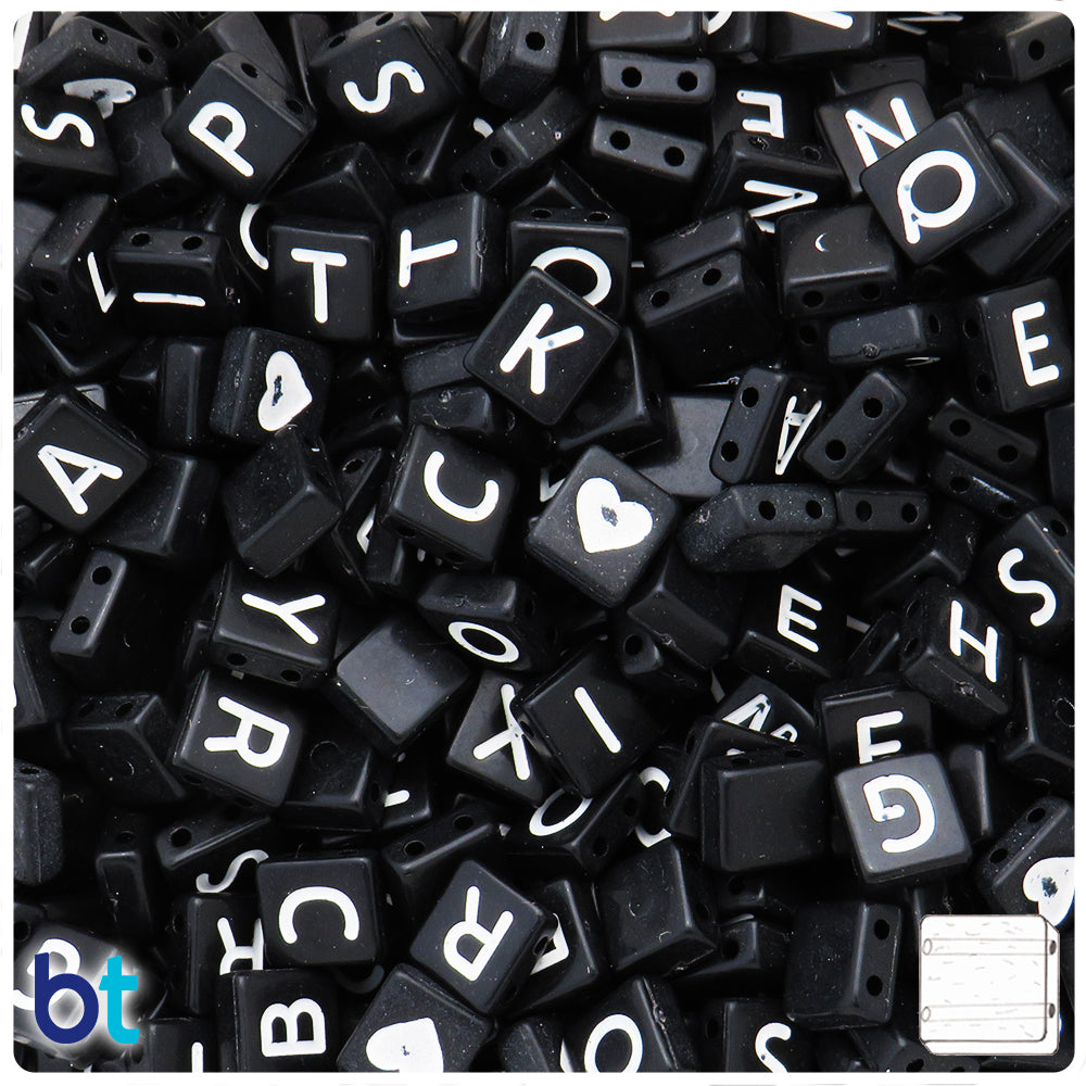 Black Opaque 8mm Square Alpha Beads - White Letter Mix (150pcs)