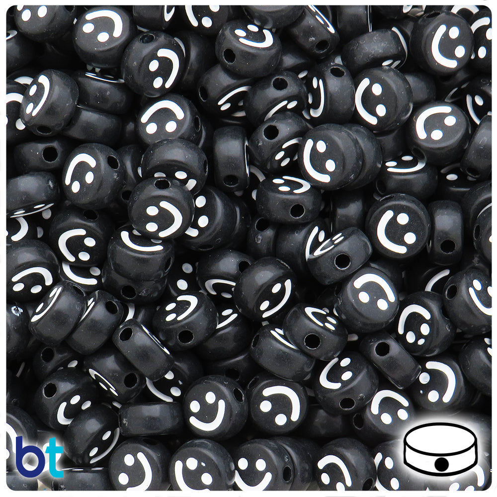 Black Opaque 10mm Coin Alpha Beads - White Smiles (120pcs)