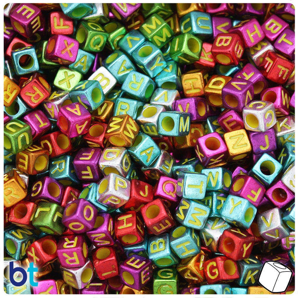 Mixed Metallic 6mm Cube Alpha Beads - Yellow Letter Mix (200pcs)