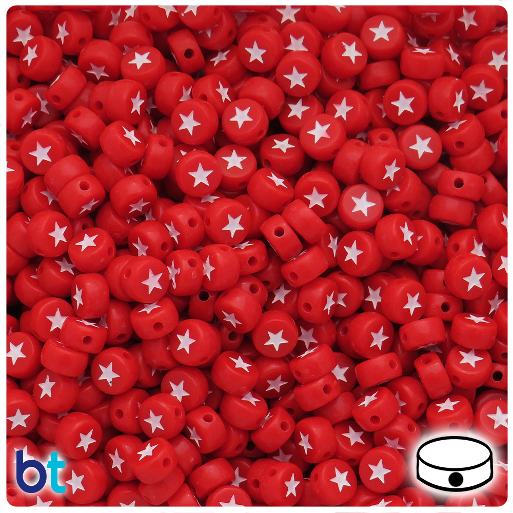 Red Opaque 7mm Coin Alpha Beads - White Stars (250pcs)