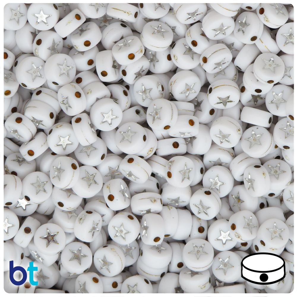 White Opaque 7mm Coin Alpha Beads - Silver Stars (250pcs)