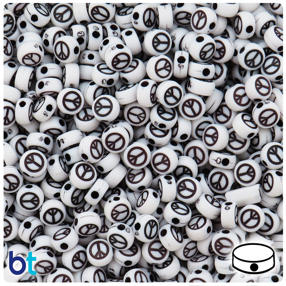 White Opaque 7mm Coin Alpha Beads - Black Peace Sign (250pcs)