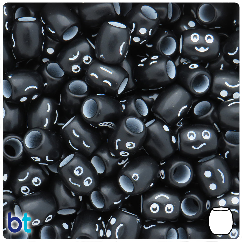 Black Opaque 11mm Barrel Alpha Beads - White Faces (50pcs)