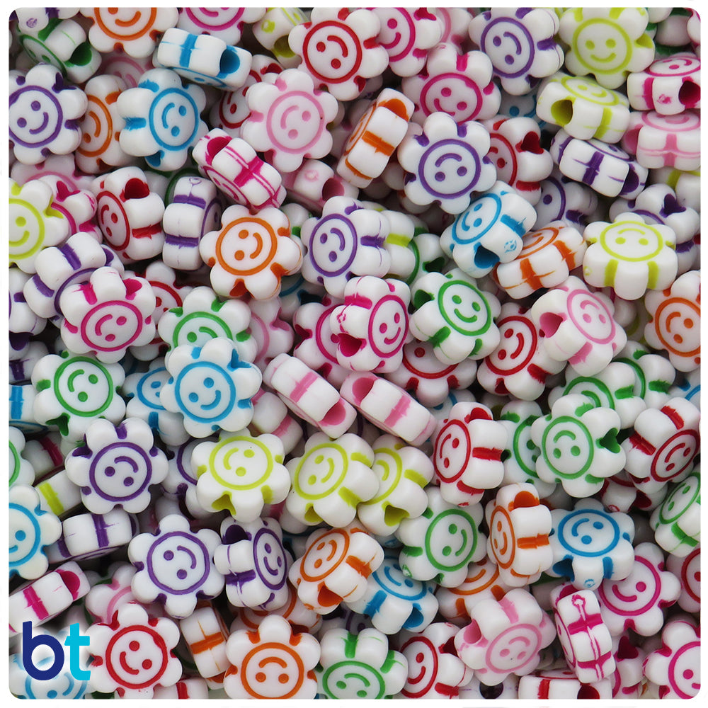 White Opaque 11mm Flower Alpha Beads - Colored Faces (150pcs)