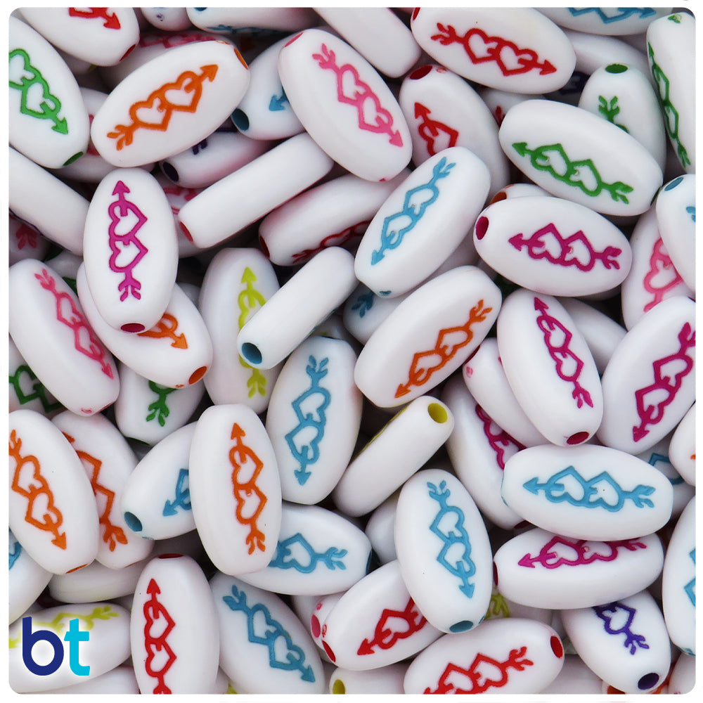 White Opaque 17mm Oval Alpha Beads - Colored Arrow & Hearts (50pcs)