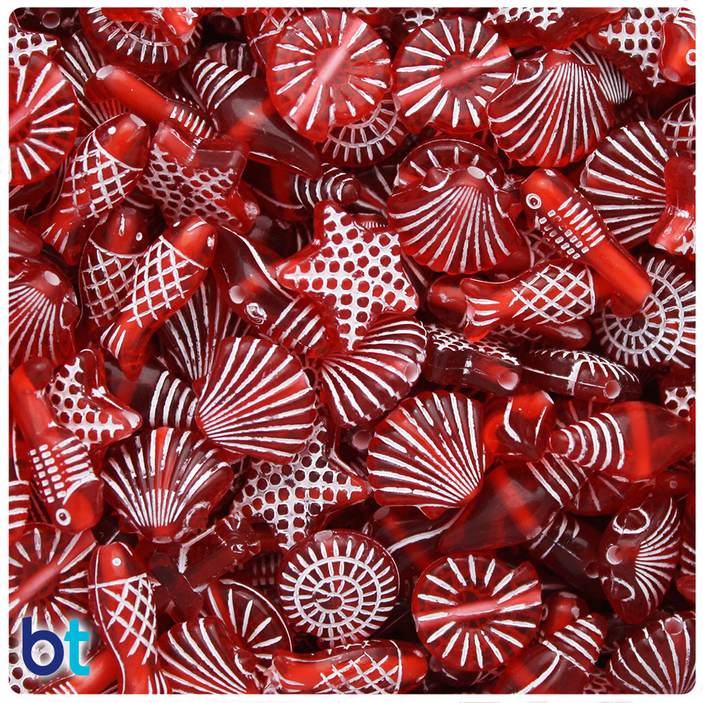 Red Transparent 10mm Sea Life Miniature Mix Plastic Beads (50g)