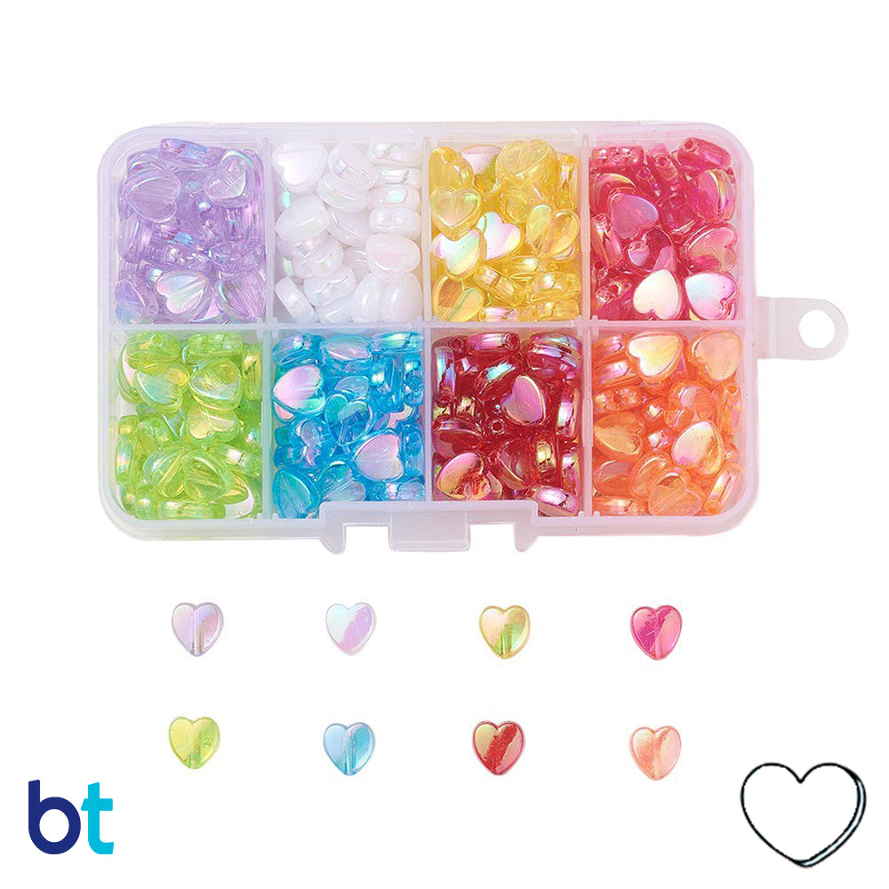 8 Colors Transparent AB 8mm Heart Plastic Beads (1 box)