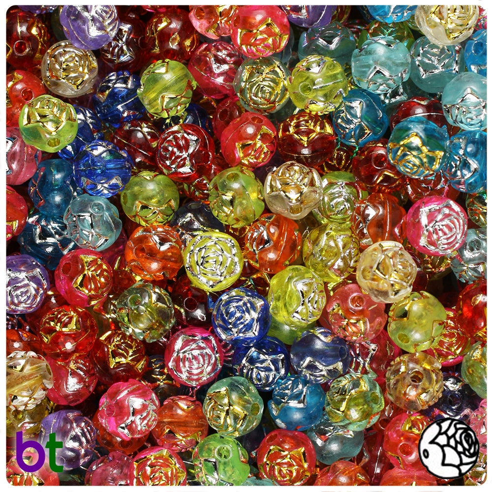 Mixed Transparent 8mm Round Plastic Beads - Metallic Accent Rosebuds (150pcs)