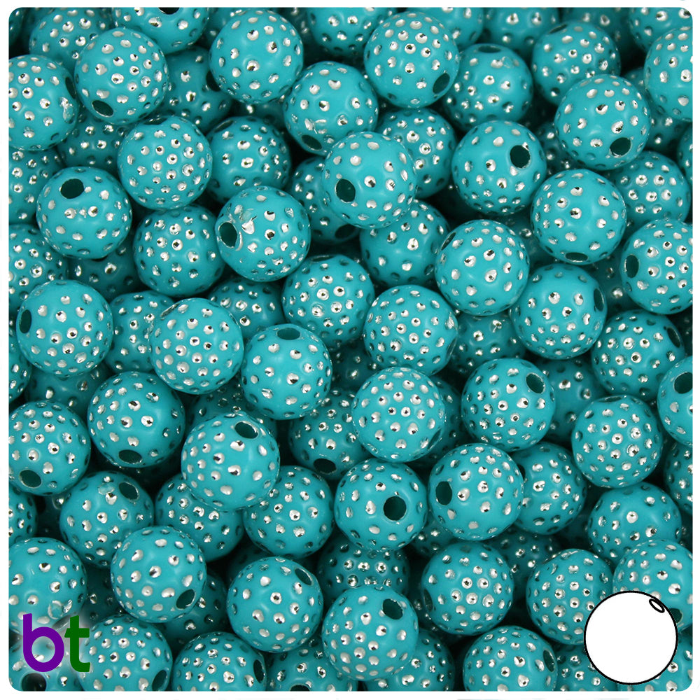 Turquoise Opaque 10mm Round Plastic Beads - Silver Accent Dots (100pcs)