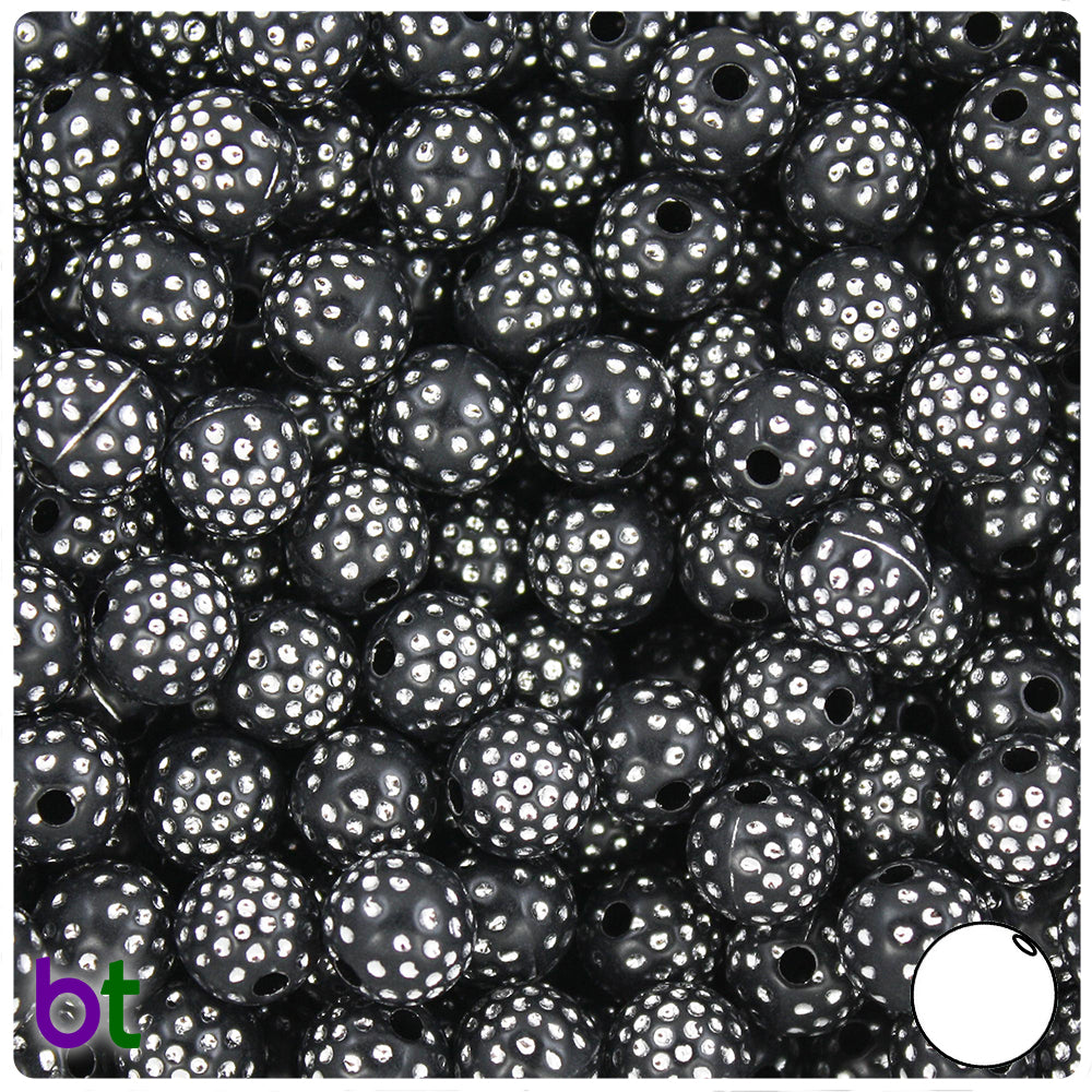 Black Opaque 10mm Round Plastic Beads - Silver Accent Dots (100pcs)