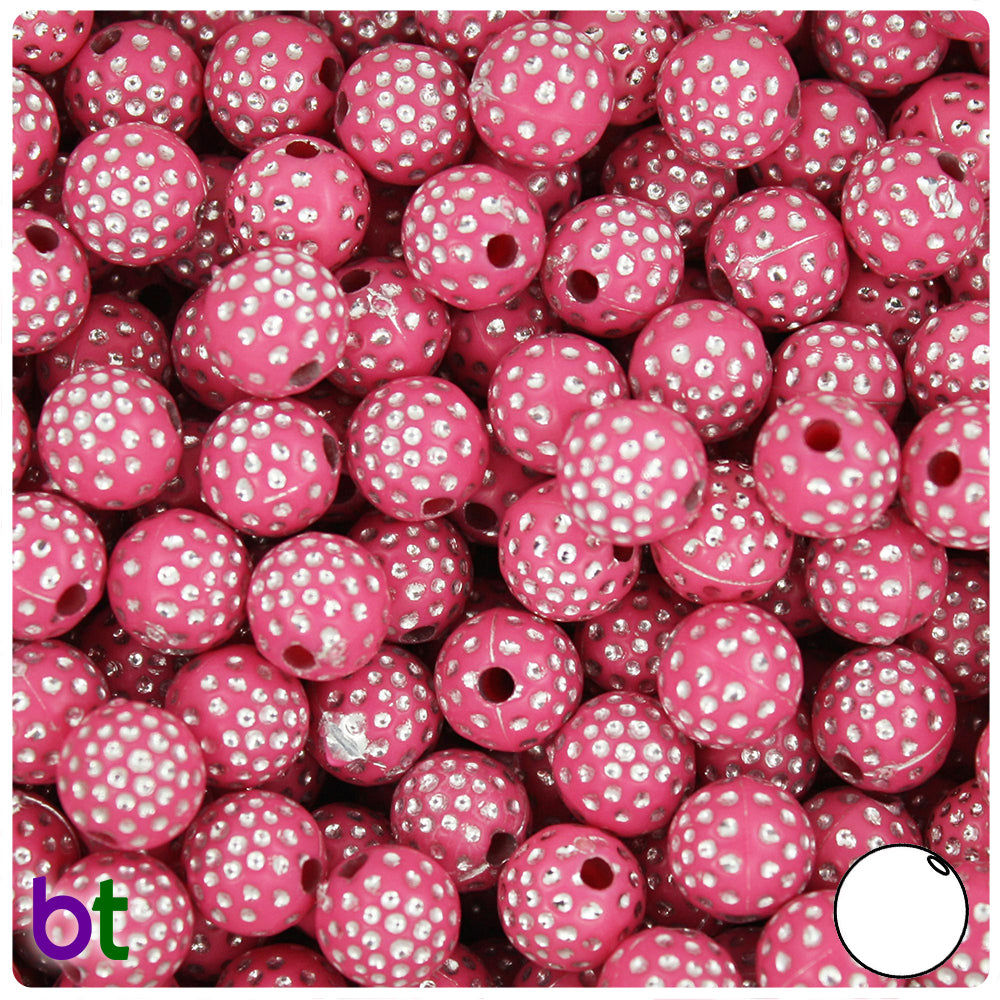 Dark Pink Opaque 10mm Round Plastic Beads - Silver Dots (100pcs)