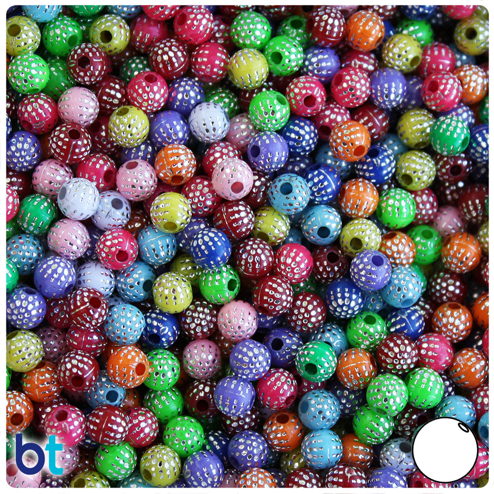 Mixed Opaque 6mm Round Plastic Beads - Silver Accent Dots (200pcs)