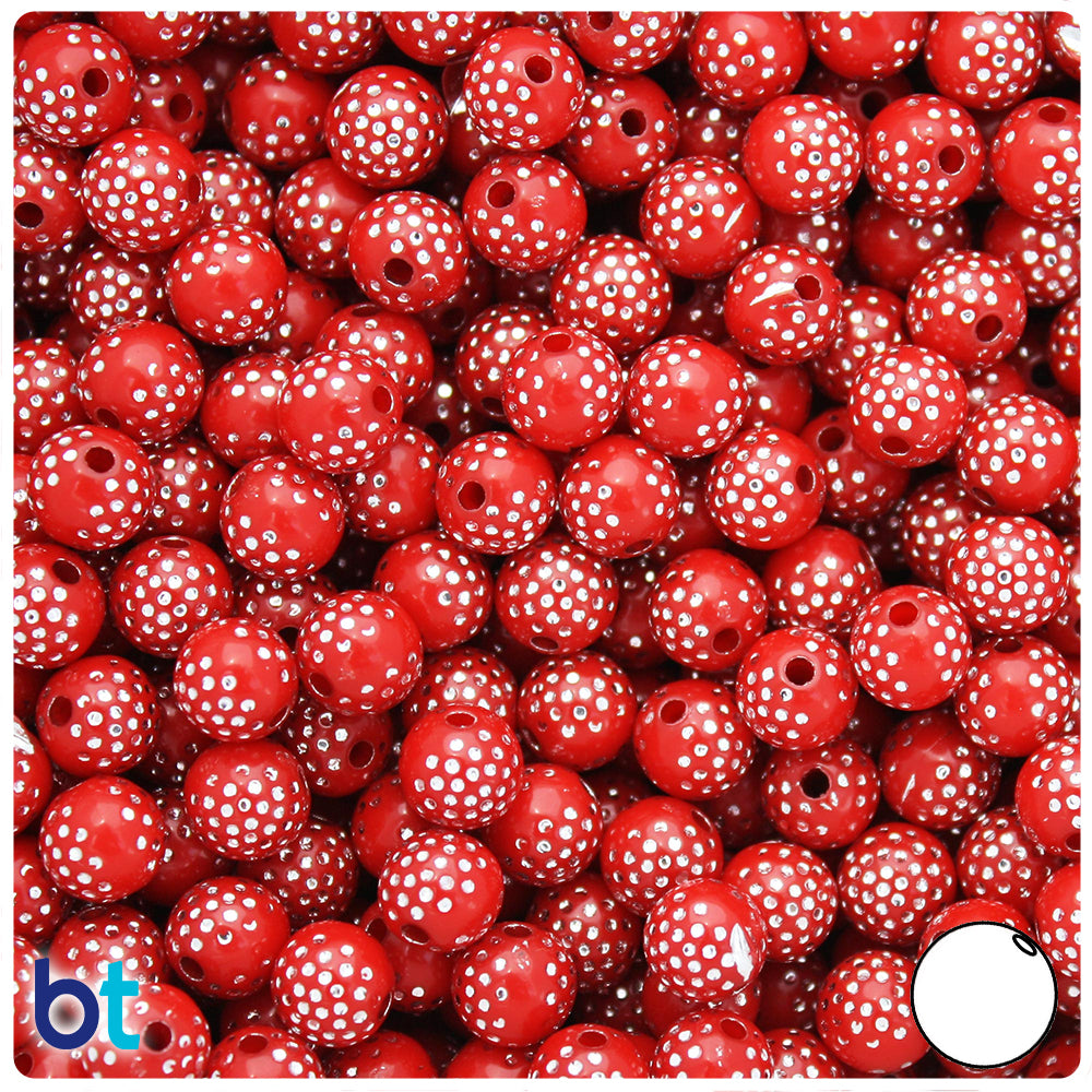 Red Opaque 8mm Round Plastic Beads - Silver Accent Dots (150pcs)