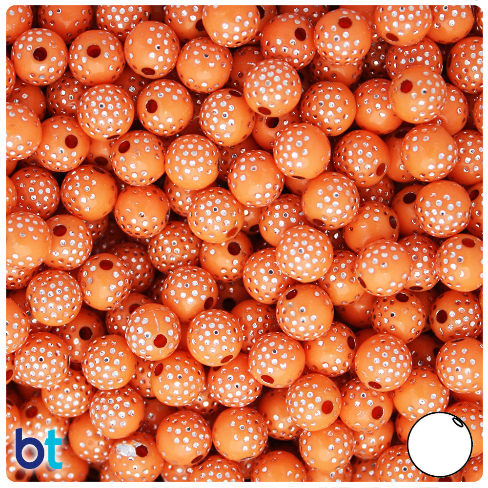 Orange Opaque 8mm Round Plastic Beads - Silver Accent Dots (150pcs)
