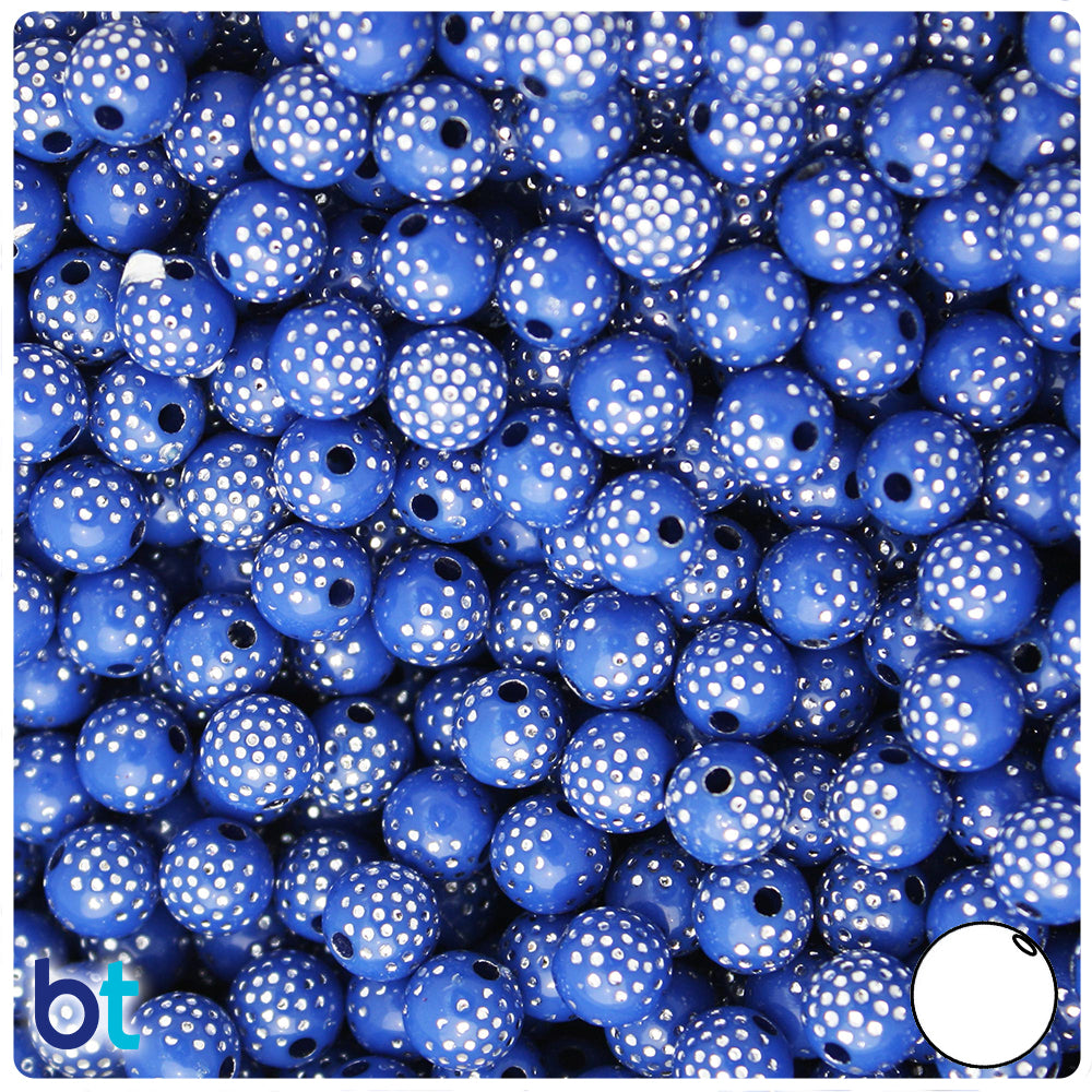 Dark Blue Opaque 8mm Round Plastic Beads - Silver Accent Dots (150pcs)