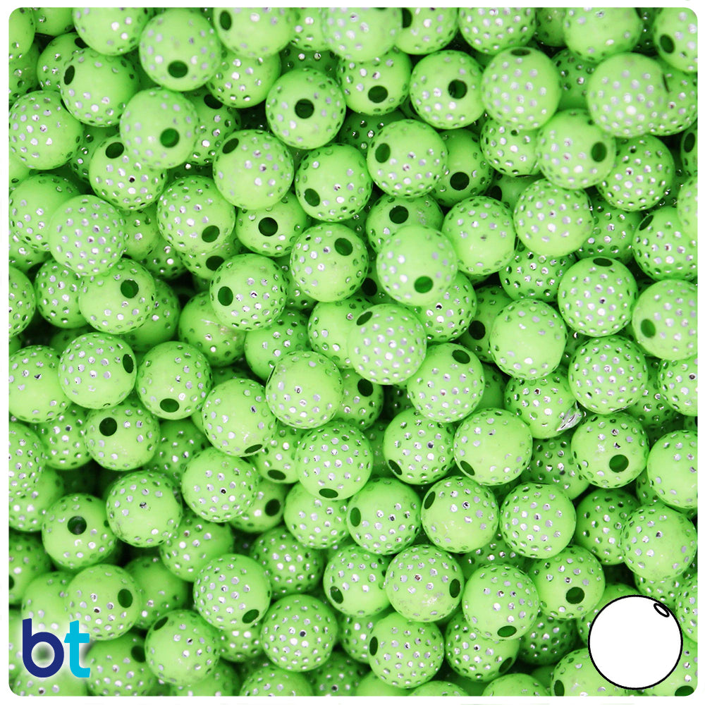 Light Green Opaque 8mm Round Plastic Beads - Silver Accent Dots (150pcs)