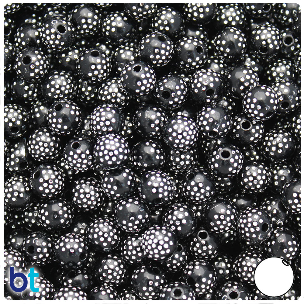 Black Opaque 8mm Round Plastic Beads - Silver Accent Dots (150pcs)