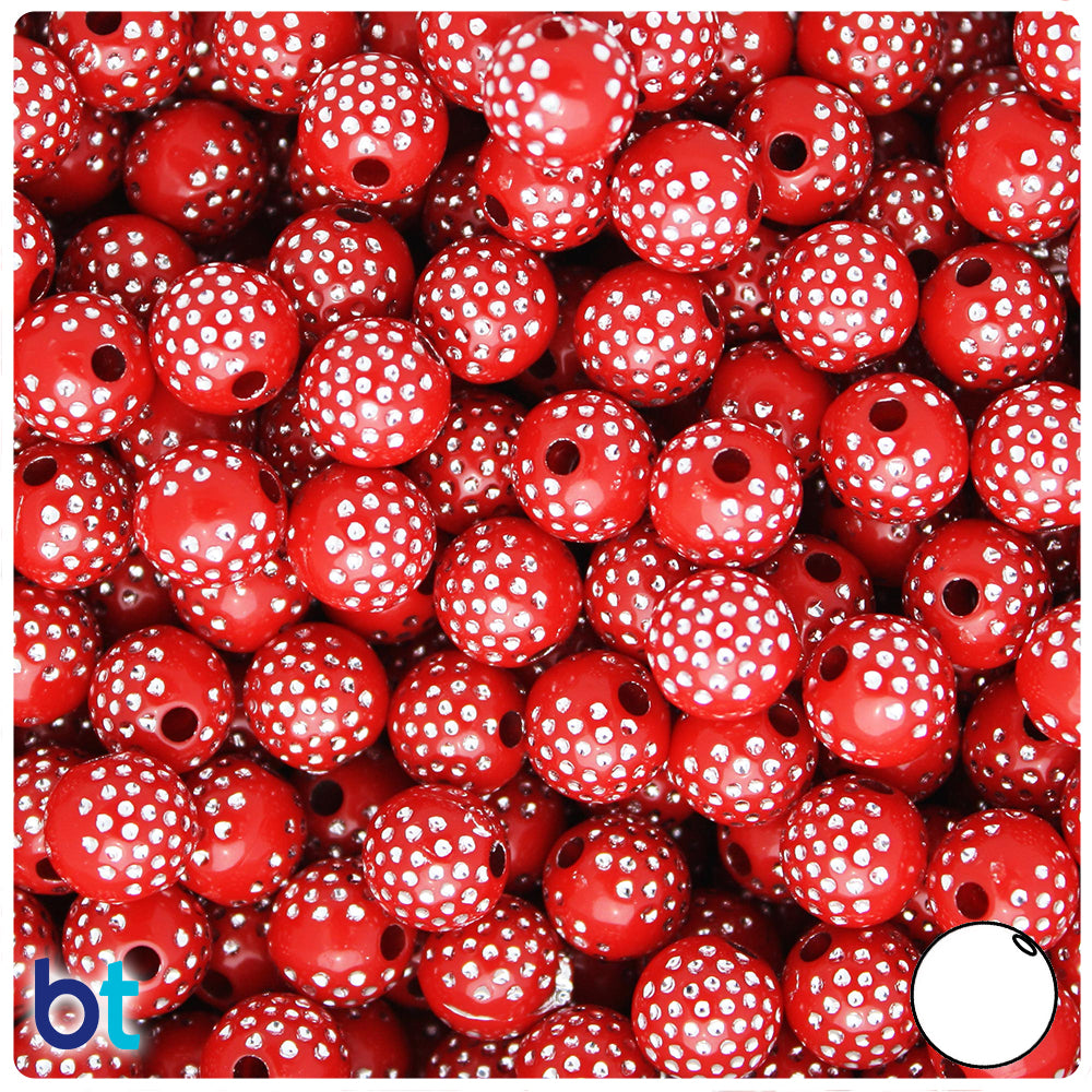 Red Opaque 10mm Round Plastic Beads - Silver Dots (100pcs)