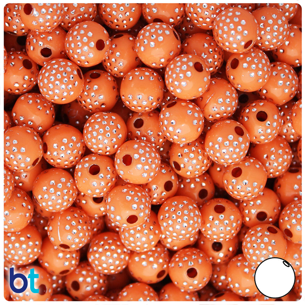 Orange Opaque 10mm Round Plastic Beads - Silver Dots (100pcs)