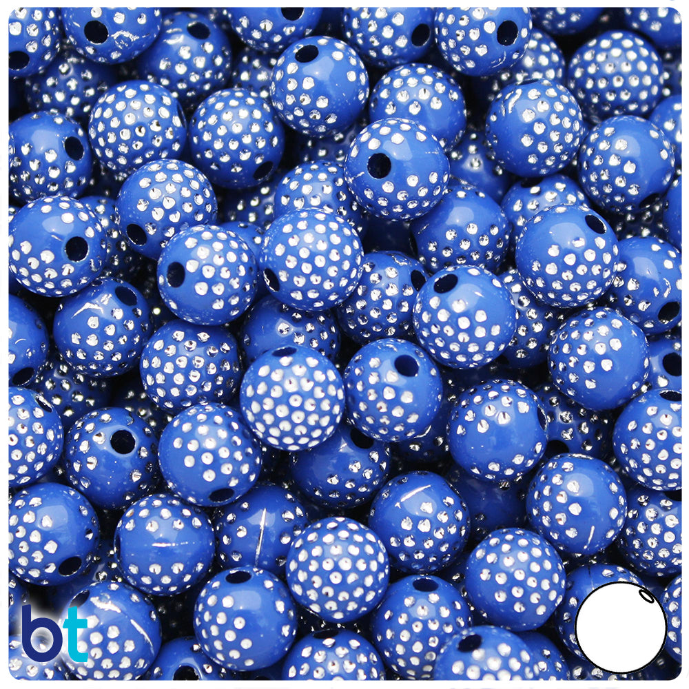 Dark Blue Opaque 10mm Round Plastic Beads - Silver Accent Dots (100pcs)