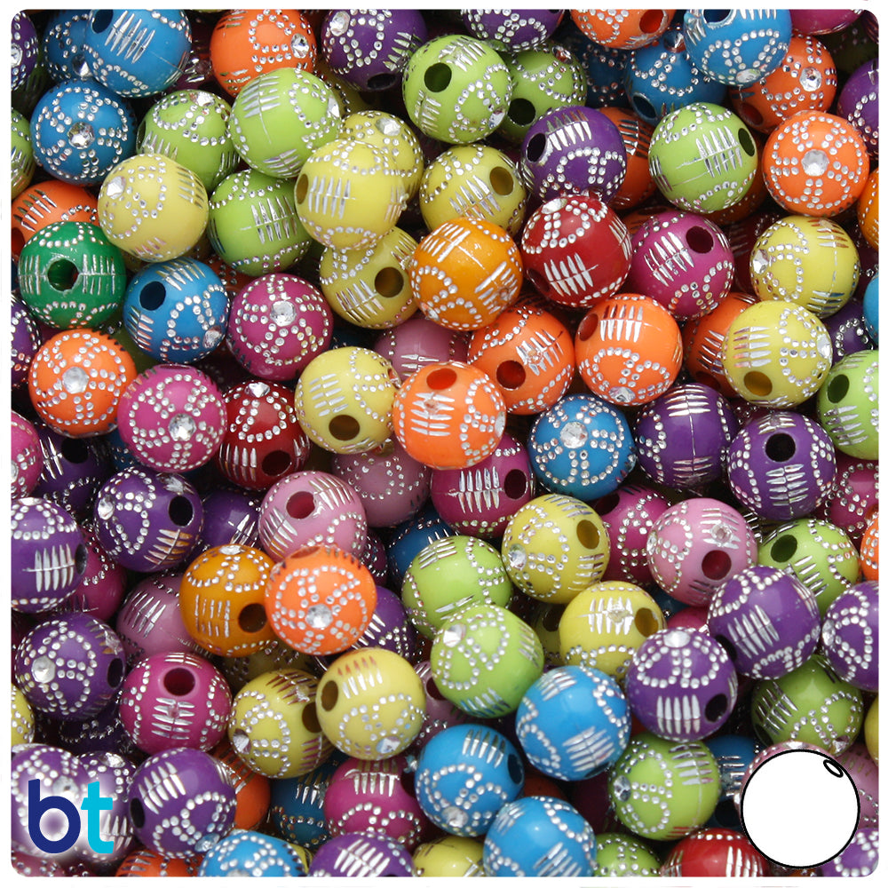 Mixed Opaque 8mm Round Plastic Beads - Silver Flowers (150pcs)