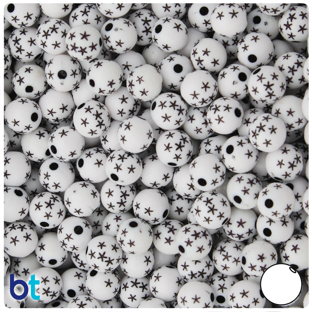 White Opaque 8mm Round Plastic Beads - Black Accent Stars (150pcs)