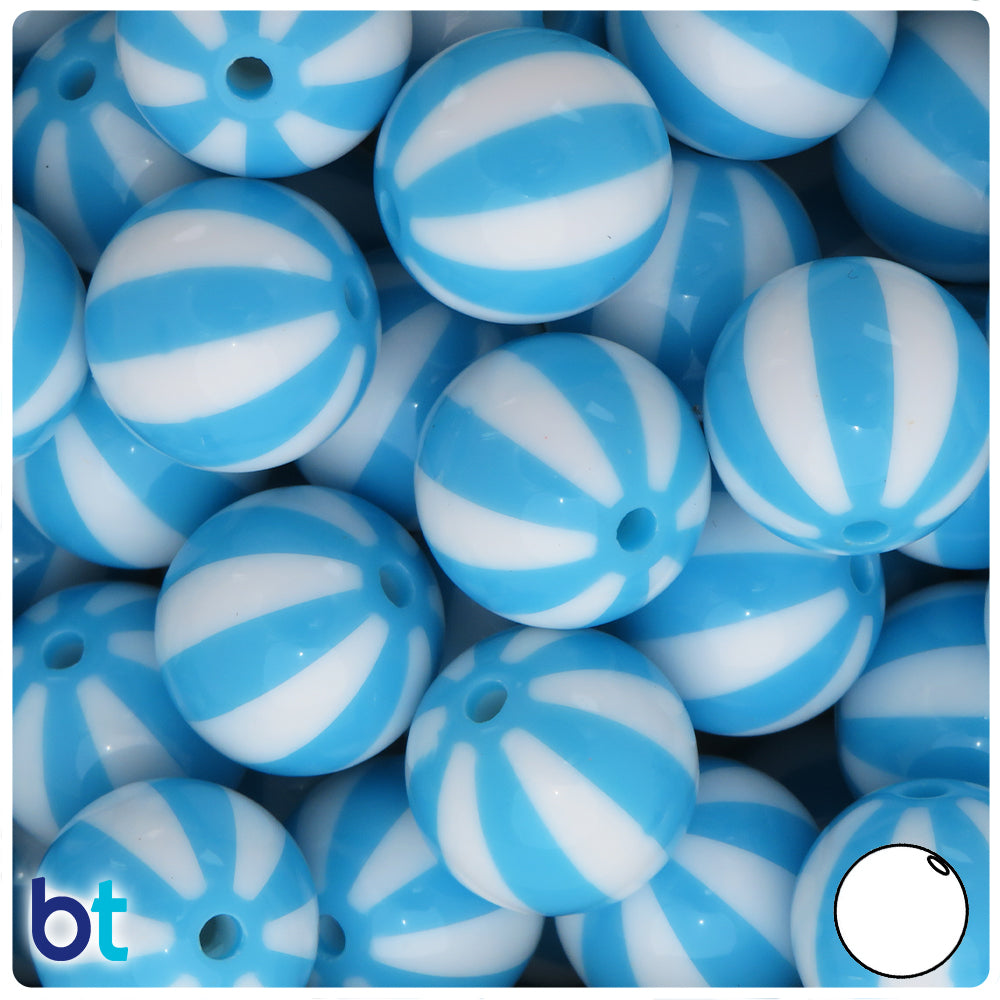 Light Blue Opaque 20mm Round Plastic Beads - White Beach Ball Stripes (10pcs)