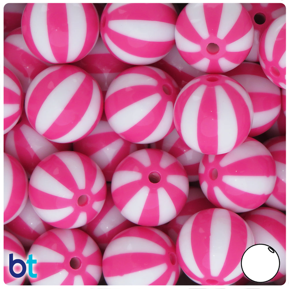 Dark Pink Opaque 20mm Round Plastic Beads - White Beach Ball Stripes (10pcs)