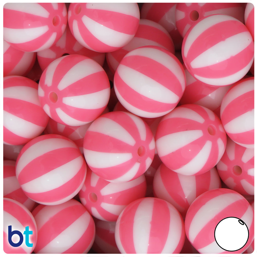 Light Pink Opaque 20mm Round Plastic Beads - White Beach Ball Stripes (10pcs)