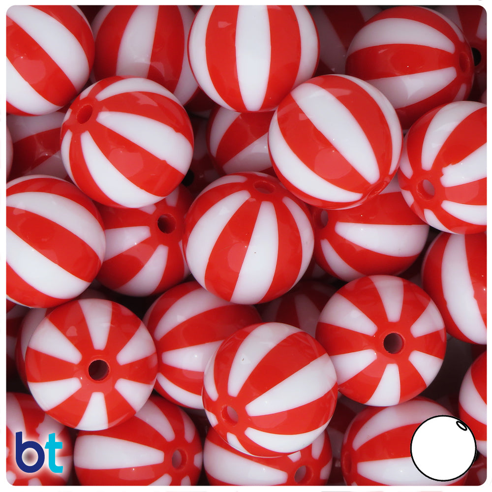 Red Opaque 20mm Round Plastic Beads - White Beach Ball Stripes (10pcs)