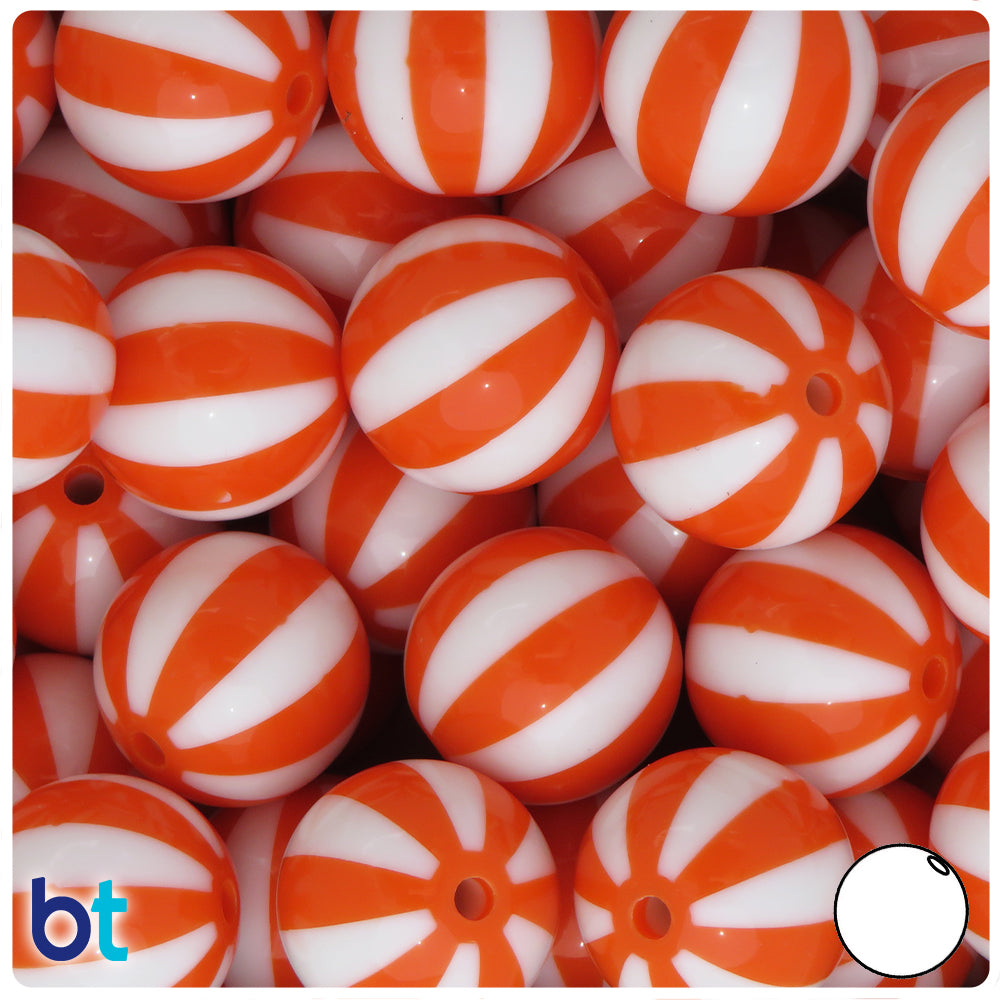 Orange Opaque 20mm Round Plastic Beads - White Beach Ball Stripes (10pcs)