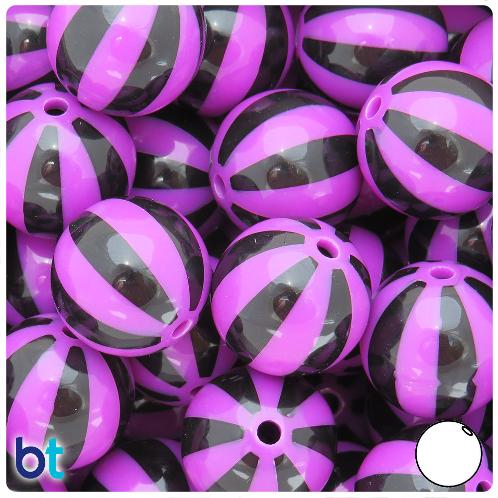 Purple Opaque 20mm Round Plastic Beads - Black Beach Ball Stripes (10pcs)